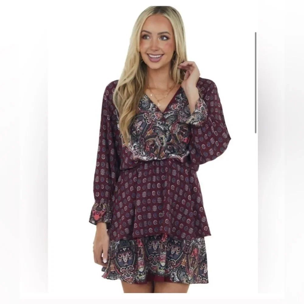 Umgee Wine Multiprint Surplice Long Sleeve Tiered Short Dress NEW Size Small